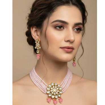 Multi-Strand Pink Bead & Kundan Statement Choker Set | Ethnic Drop Earrings | Party & Wedding Wear