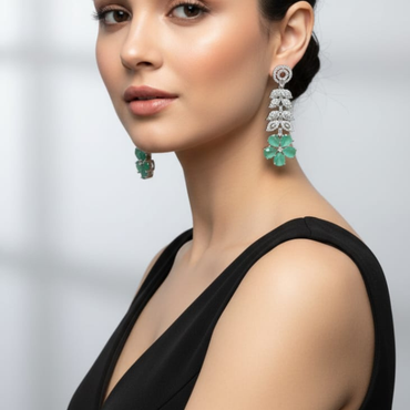 Long Emerald Green & Zircon Crystal Drop Earrings .Women's Fashion