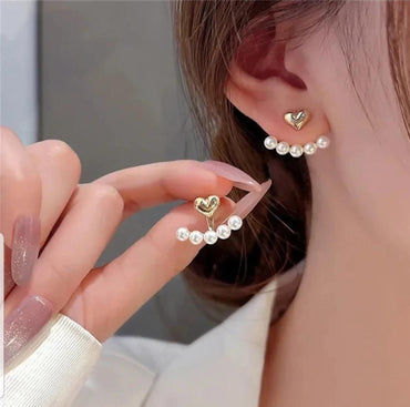 Gold Heart & Pearl Jacket Earrings – Trendy Dual-Layer Studs