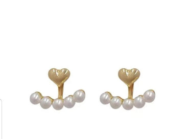 Gold Heart & Pearl Jacket Earrings – Trendy Dual-Layer Studs