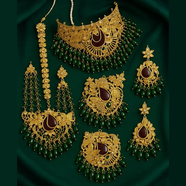 Grand Gold-Toned Bridal Set with Green Beads – ₹75,000