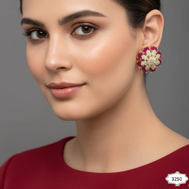 Ruby Red & Zircon Floral Stud Earrings | Gold Plated Statement Petal Design