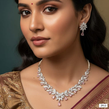 Delicate Pink & Zircon Floral Necklace Set | Silver Tone Leaves & Drop Earrings