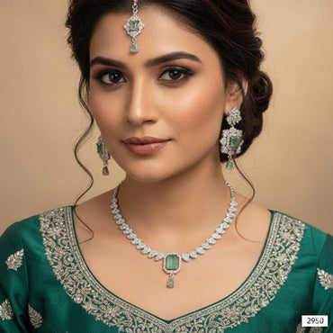 Elegant Emerald & Zircon Bridal Jewelry Set | Necklace, Earrings & Maang Tikka