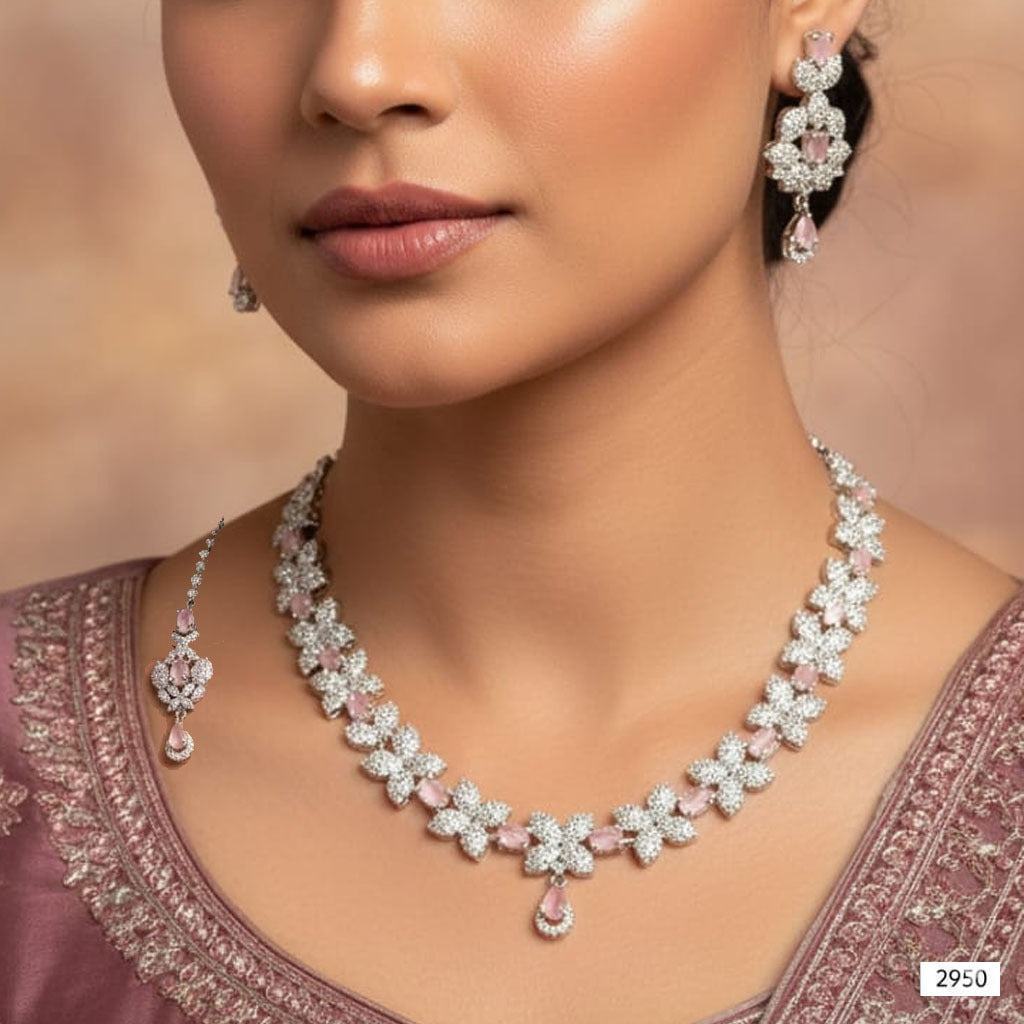 Blush Pink & Zircon Floral Necklace Set with Maang Tikka