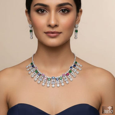 Multi-Color Gemstone & Zircon Necklace Set | Festive Statement Jewelry with Drop Earrings