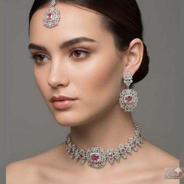 Regal Pink Stone & Zircon Choker Necklace Set | Square Cut Bridal & Festive Jewelry