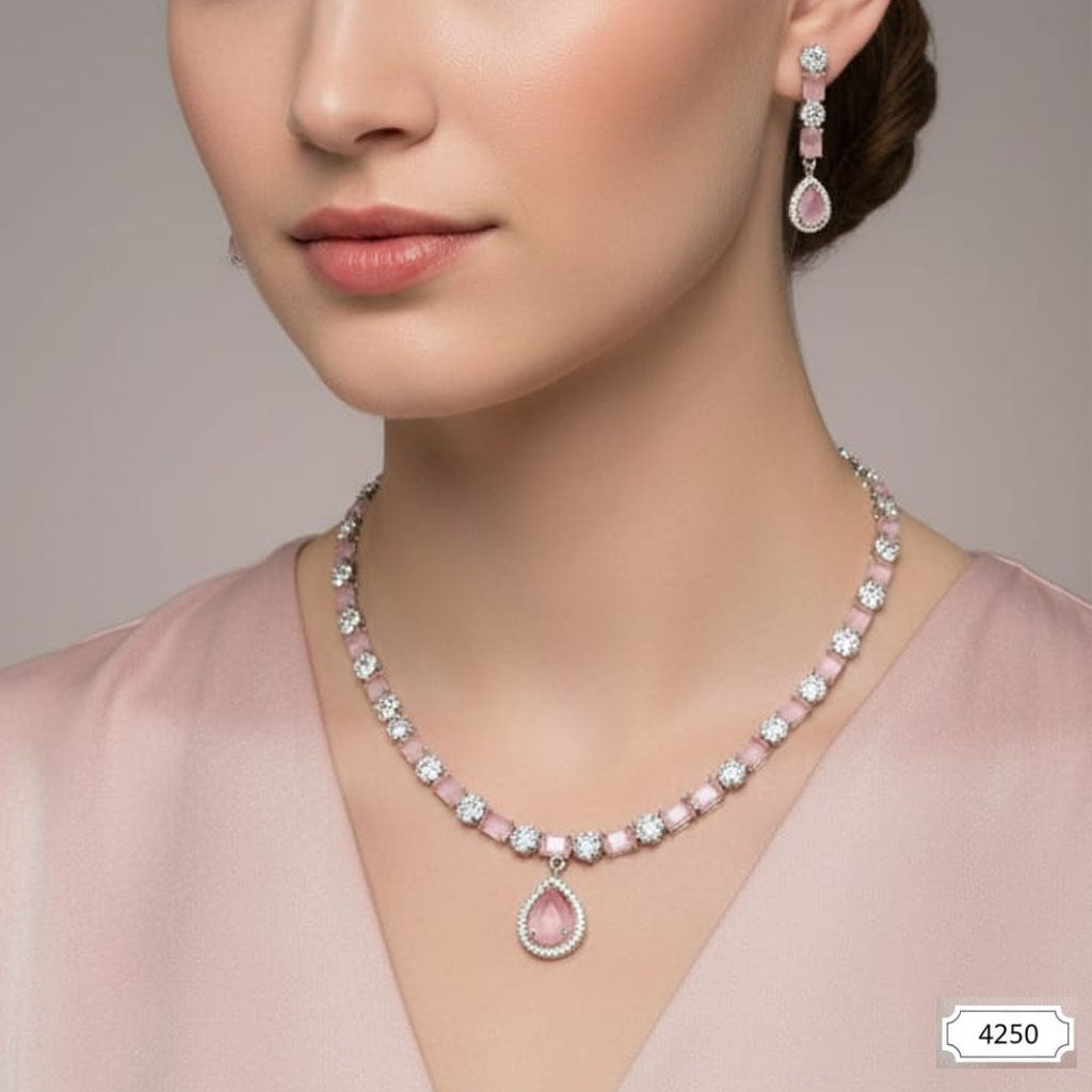 Delicate Pink & Zircon Crystal Necklace Set | Pear Drop Pendant with Dangle Earrings