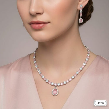 Delicate Pink & Zircon Crystal Necklace Set | Pear Drop Pendant with Dangle Earrings