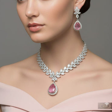 Elegant Pink Pear Drop & Zircon Leaf Design Necklace Set | Bridal Statement Jewelry”*
