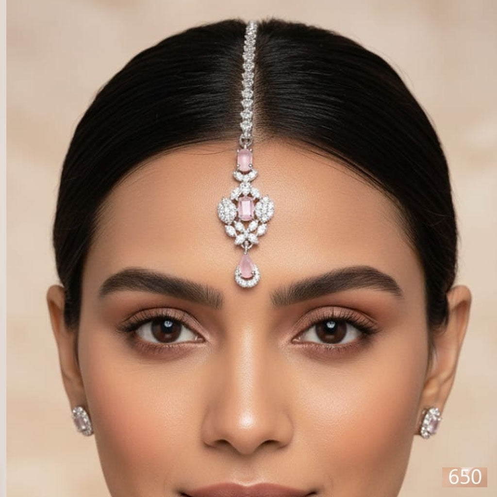 Rose Pink & CZ Maang Tikka with Earrings – Silver Toned Indian Forehead Jewelry Set