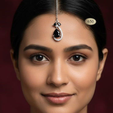 Black Teardrop Maang Tikka – Silver Toned Indian Forehead Jewelry