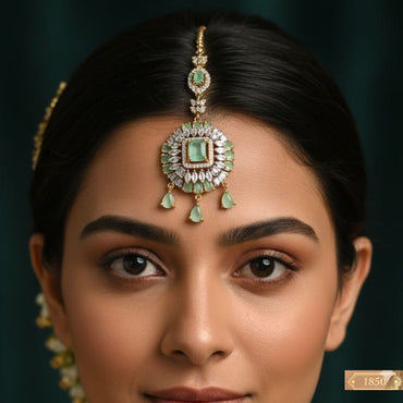 Emerald Green & CZ Maang Tikka | Gold-Plated Indian Bridal Headpiece