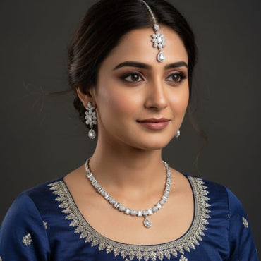 Silver Tone Zirconia Jewelry Set – Necklace, Earrings & Tikka | Indian Wedding & Ethnic