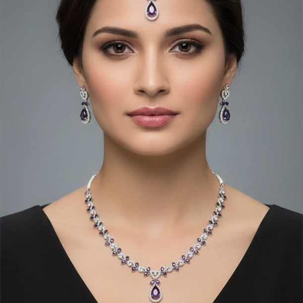 Elegant Purple Amethyst & Zircon Necklace Set | Pear Drop Pendant with Maang Tikka & Earrings