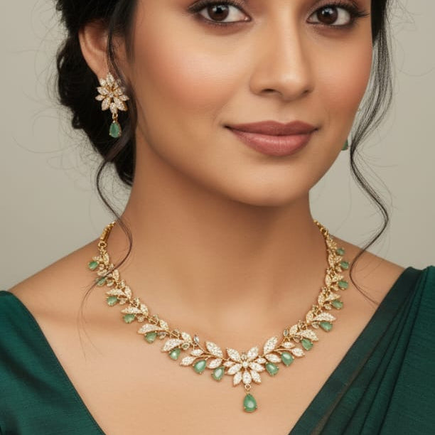 Delicate Gold & Green Zircon Floral Necklace Set | Matching Earrings & Maang Tikka
