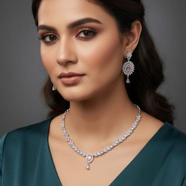 Delicate Pink Stone & Zircon Floral Necklace Set | Elegant Drop Pendant with Dangle Earrings