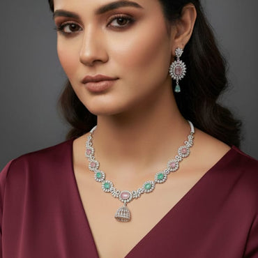 Elegant Pastel Pink & Green Zircon Necklace Set | Jhumka Pendant with Dangle Earrings