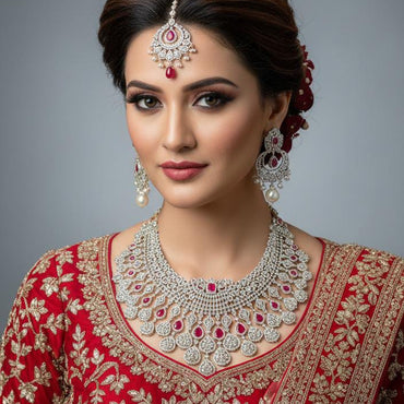 Grand Ruby & White Zircon Bridal Jewelry Set | Heavy Choker, Maang Tikka & Earrings
