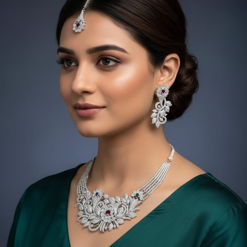 Woman wearing a silver necklace and earrings with a dark background
