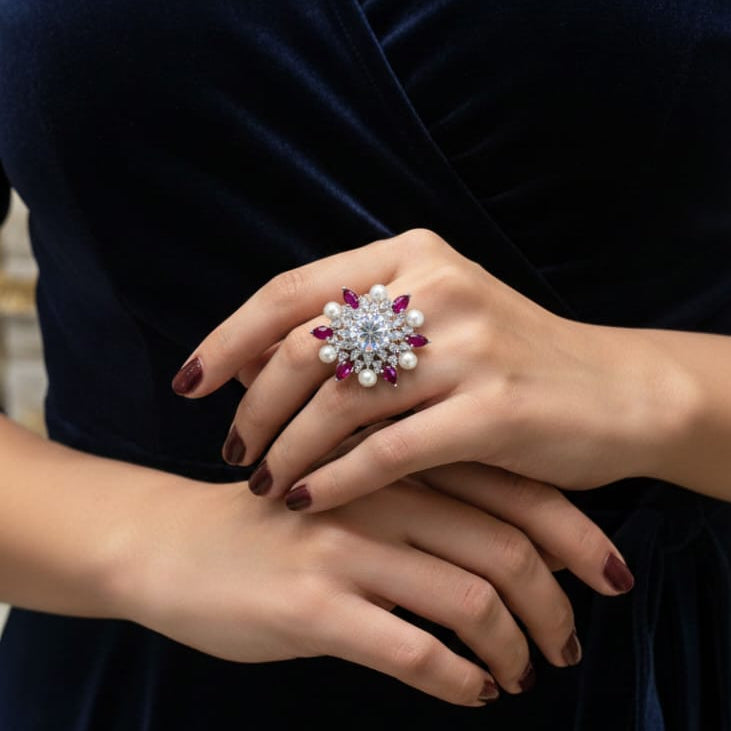 Close-up of a person wearing a dark blue dress with a decorative ring on a blurred background.