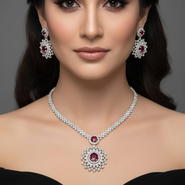 American Diamond Ruby Bridal Necklace and Earrings Set in Silver Finish
