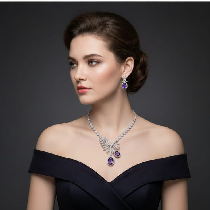 Model wearing American Diamond purple drop necklace set with matching earrings
