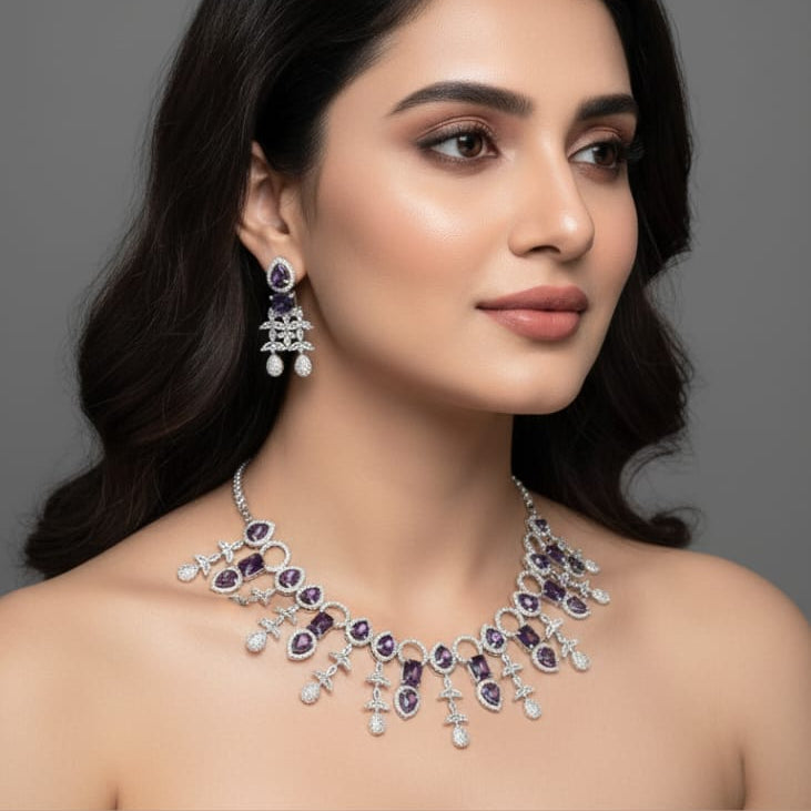 American Diamond Purple Stone Necklace & Earrings Set – Rs. 3850