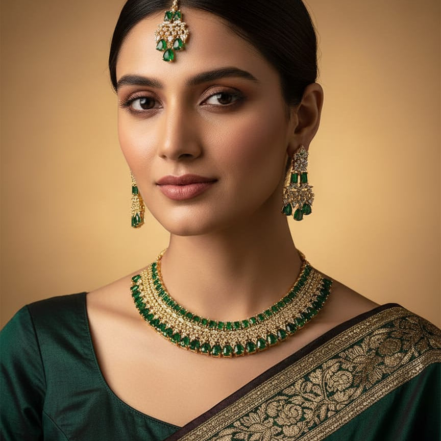 Model wearing Emerald Bridal Jewelry Set with earrings & maang tikka