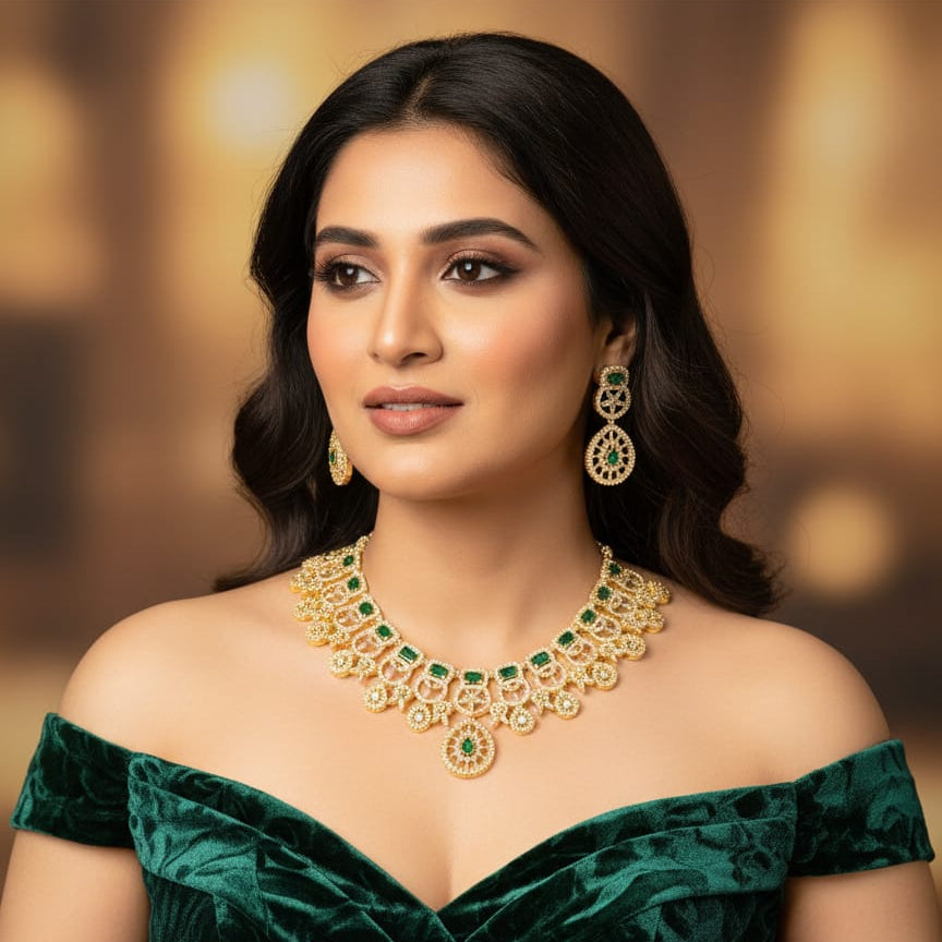 Emerald bridal necklace set with earrings – premium gold-tone finish
