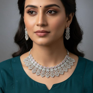 Luxury American Diamond Pink Stone Necklace & Earrings Set – Rs. 6500