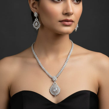American Diamond Teardrop Pendant Necklace & Earrings Set - Rs. 2650