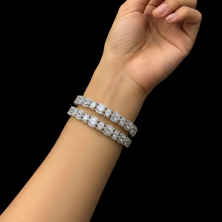 Silver‑Tone American Diamond Oval Bangles Set - Rs. 2950