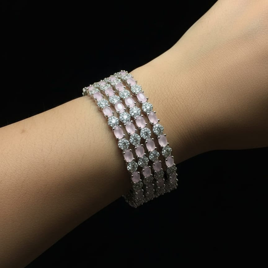 American Diamond Pink Stone Multi‑Row Bangles Set - Rs. 3650