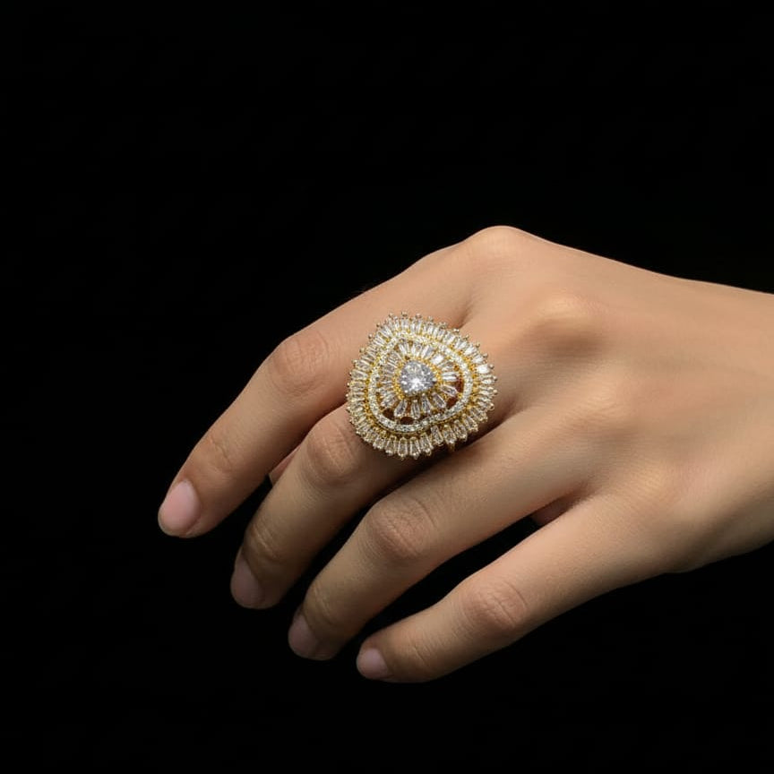 American Diamond Layered Halo Statement Ring - Rs. 950