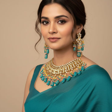 Teal Bead Fringe Traditional Gold Set – Rs. 9,500