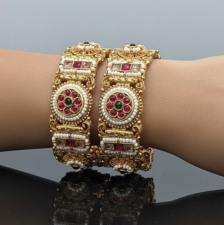 Rajwari Pearl Ruby Kada Set – Rs. 3950