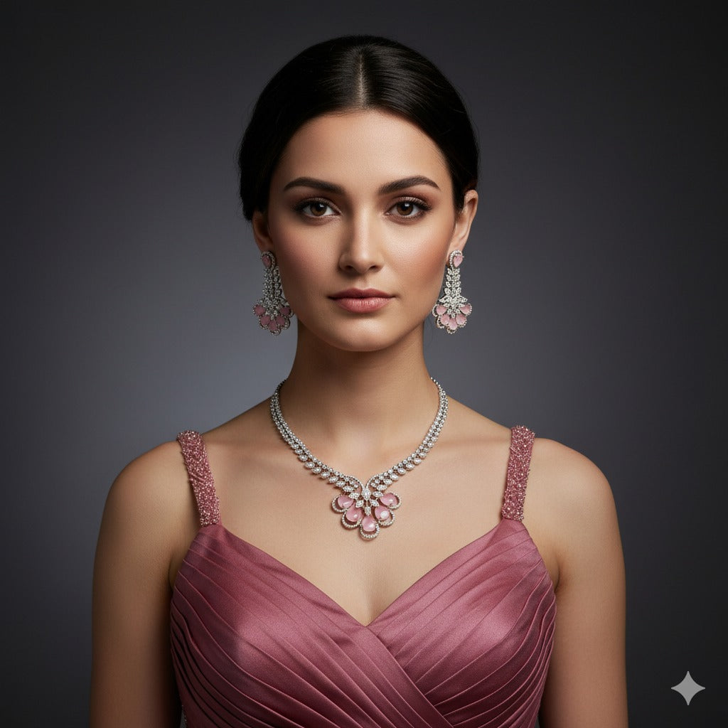 Pink American Diamond Necklace Set – Rs. 6250