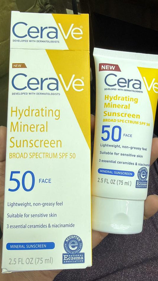 CeraVe Hydrating Mineral Sunscreen SPF 50 Face – Broad Spectrum | Lightweight & Non-Greasy (75ml)