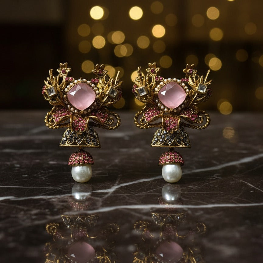The Rose Quartz Antique Gold & Blush Pink Floral Earrings