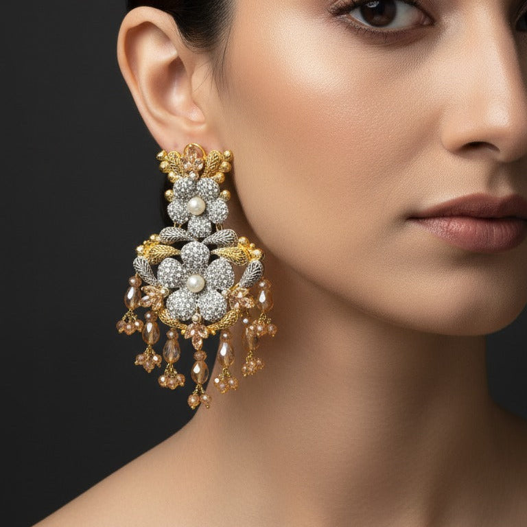 Royal Floral Gold Plated Earrings – Luxury Bridal Statement Drops