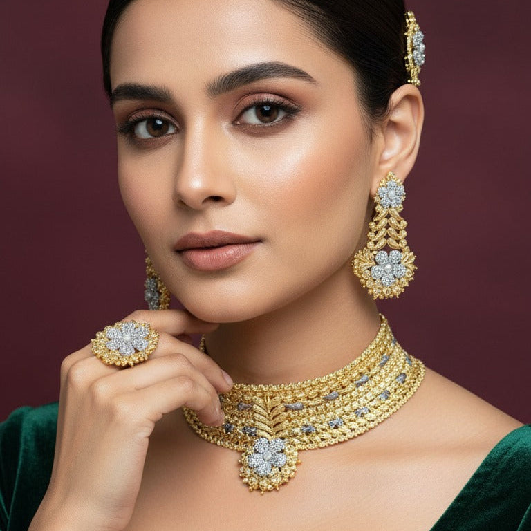 Royal Floral Gold Plated Choker Bridal Set – Luxury Wedding Jewelry