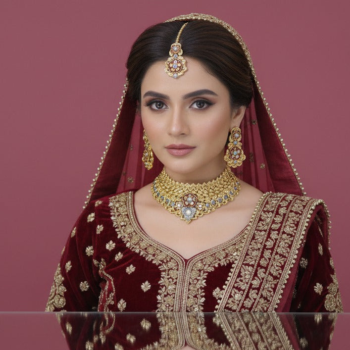 Royal Maroon Gold Plated Bridal Set – Luxury Wedding Jewelry