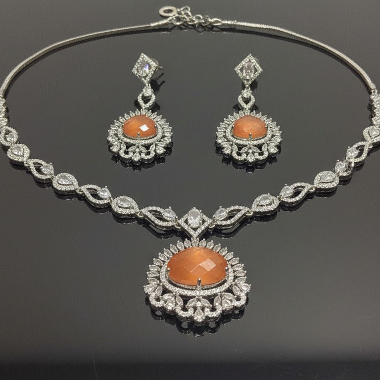 Luxury Peach Gold Plated American Diamond Necklace Set