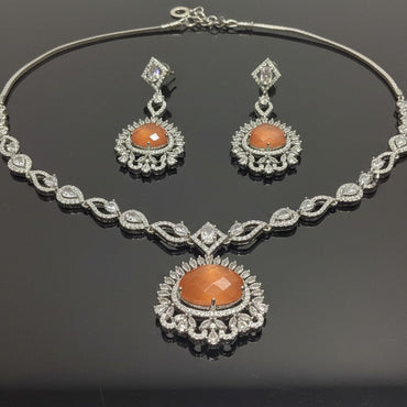 Luxury Peach Gold Plated American Diamond Necklace Set