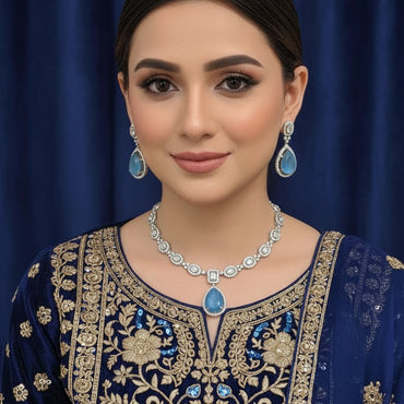Royal Blue Gold Plated American Diamond Necklace Set