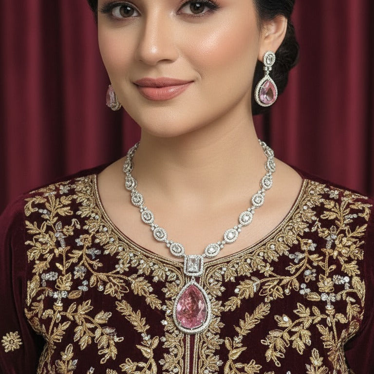 Pink Teardrop Gold Plated American Diamond Necklace Set