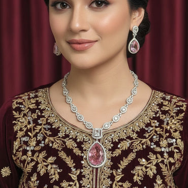 Pink Teardrop Gold Plated American Diamond Necklace Set