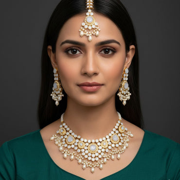 Pearl Drop Gold Plated Kundan Bridal Jewelry Set