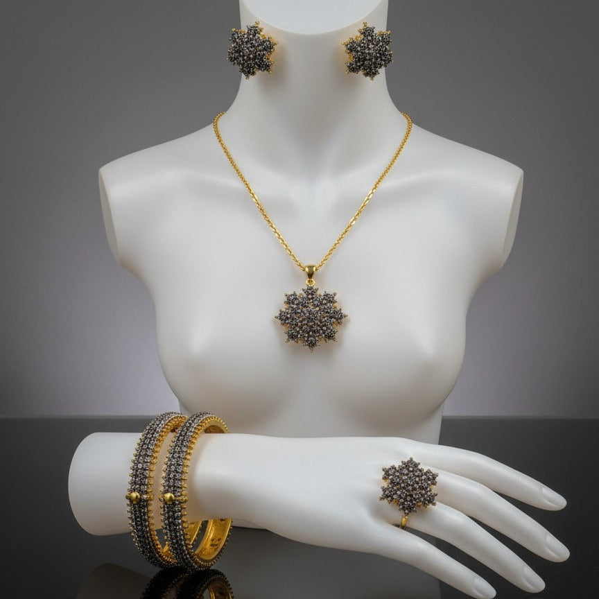 Floral Crystal Gold Plated Pendant & Bangles Jewelry Set